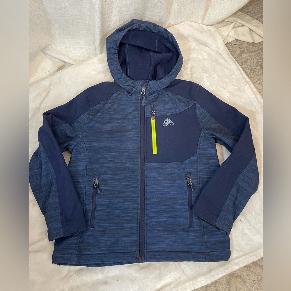 Snozu Navy Blue Hooded Softshell Jacket Fleece Lined Sz 10/12 kids